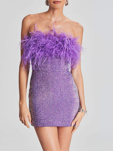 Woochic min-robe moulante brillante paillette plumes mode cocktail Violet XS